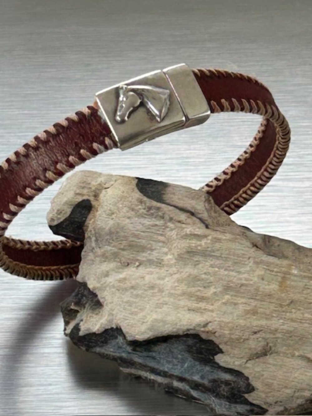 Equestrian Bracelet, dark brown with stitching & silver horse head